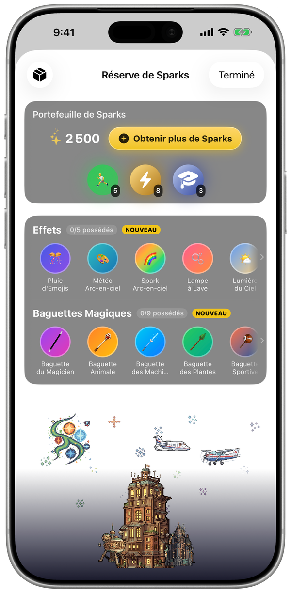 La Réserve de Sparks de WatchieBesti sur iPhone, avec le solde de Sparks, les effets du monde et les baguettes magiques