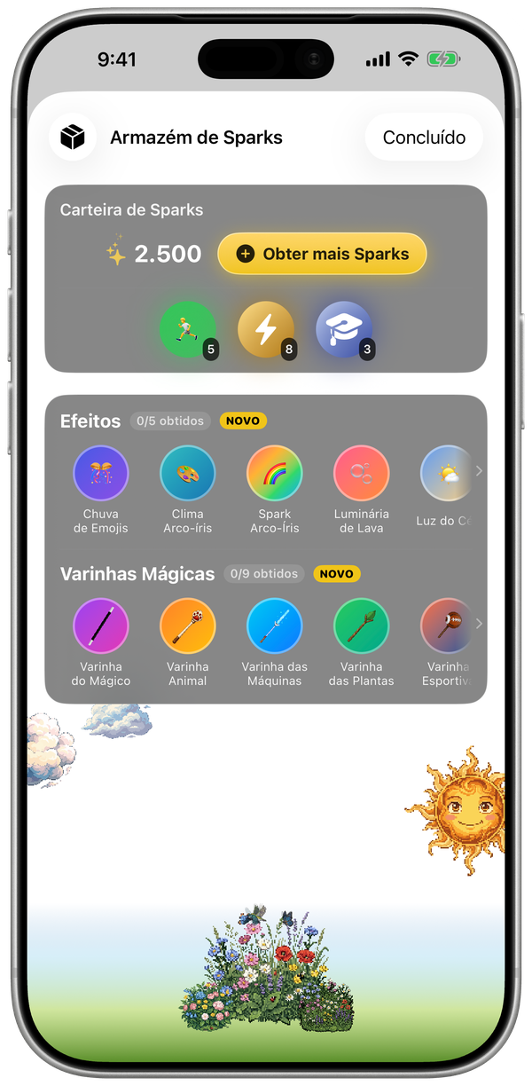 O Armazém de Sparks do WatchieBesti no iPhone com a carteira de Sparks, efeitos de mundo e varinhas mágicas