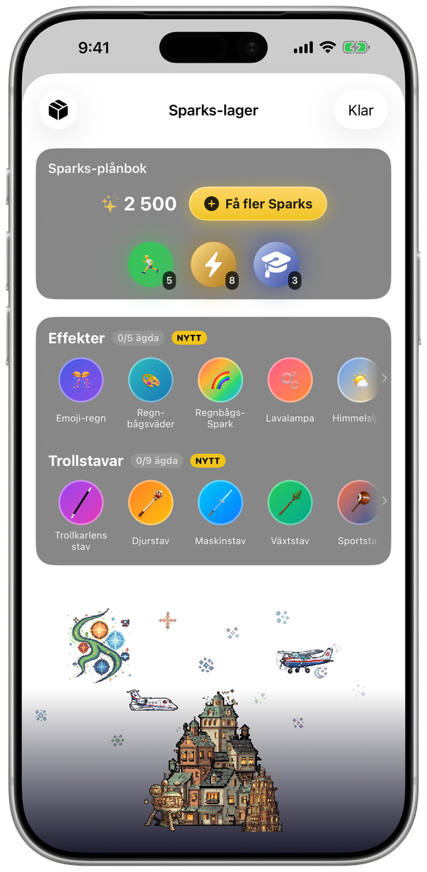 WatchieBesti Sparks-lager på iPhone med Sparks-plånbok, världseffekter och trollstavar