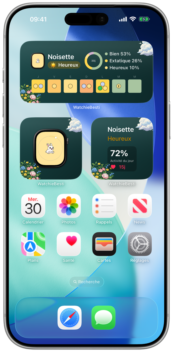 Widgets WatchieBesti sur l'écran d'accueil de l'iPhone avec ton animal et l'activité du jour