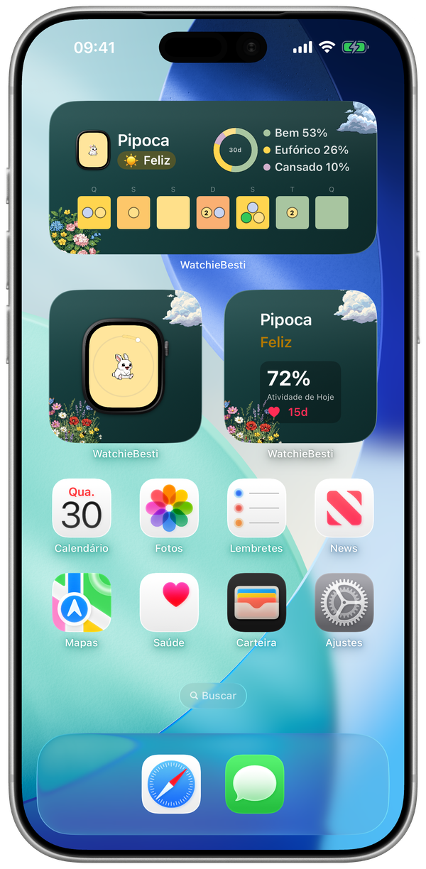 Widgets do WatchieBesti na tela de início do iPhone com seu pet e a atividade de hoje