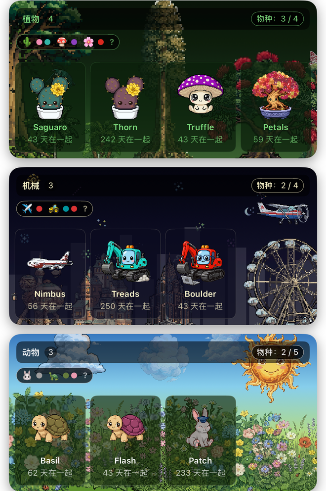 家族收藏中,毕业宠物在三个王国的栖息地里生活