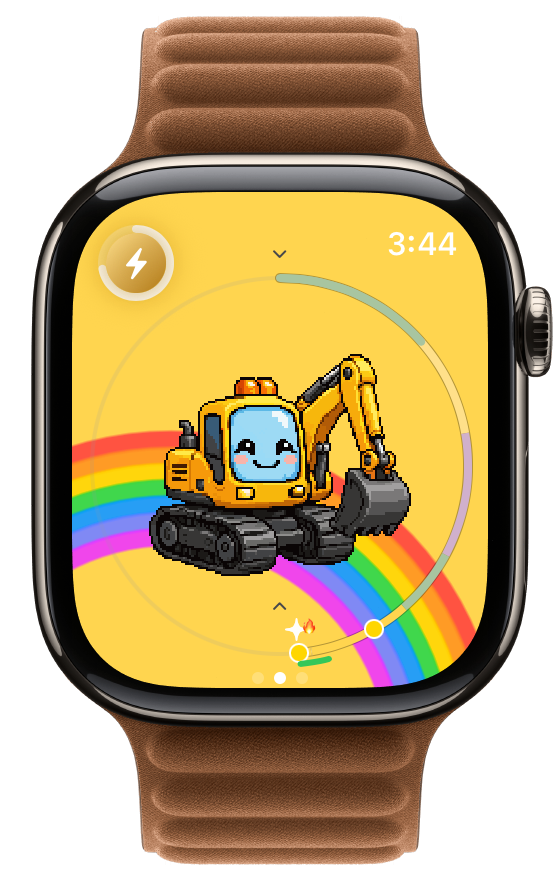Apple Watch showing a digger pet with the Rainbow Spark world effect