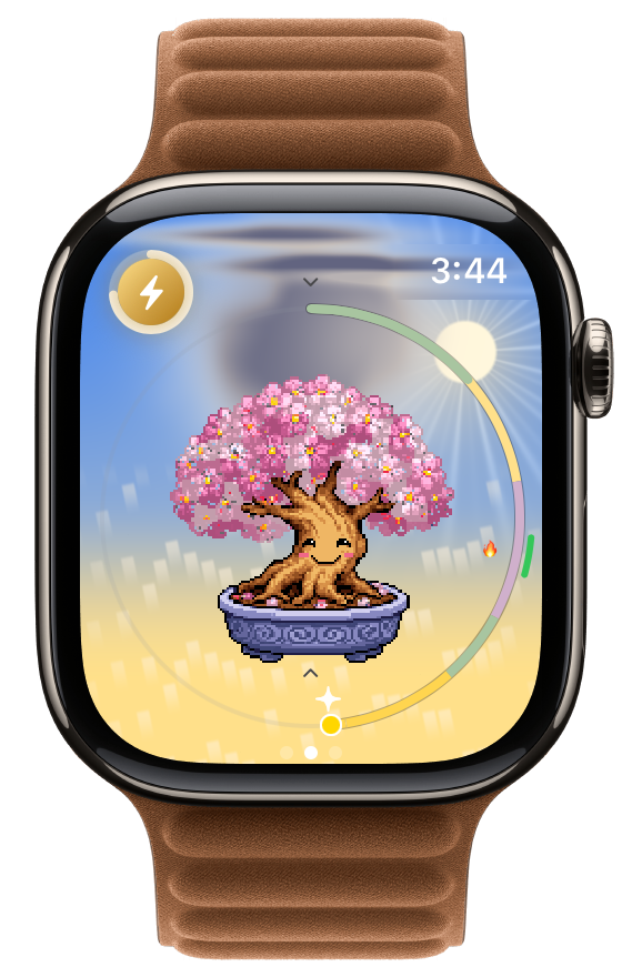 Apple Watch showing a bonsai pet under the Skylight world effect