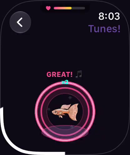 Besti Tunes gameplay clip, a pet fish tapping along as the pulse rings close in